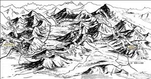 A sketch of mountain peaks with arrows and dates curving through and around the mountains. 